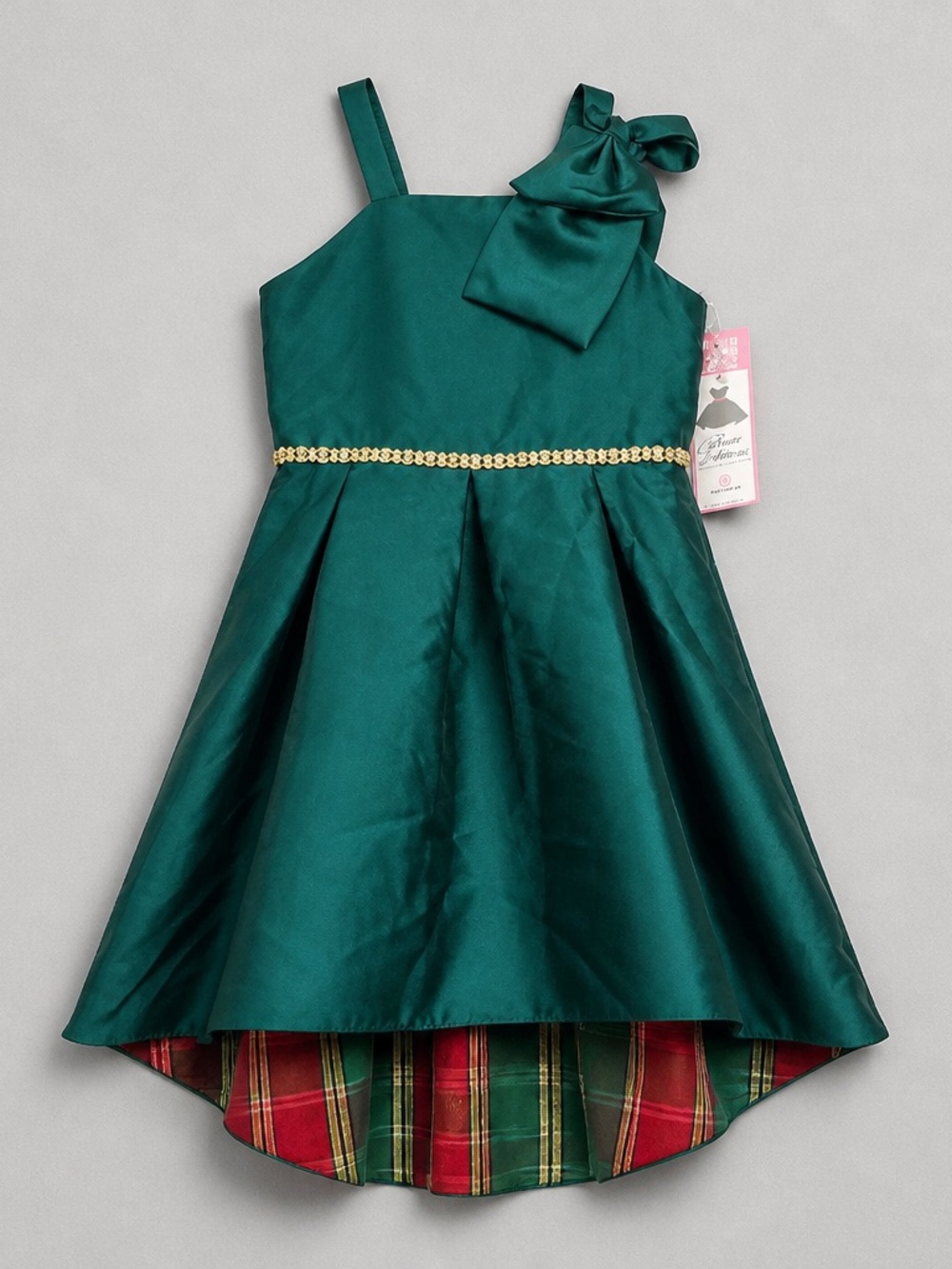 Rare Editions Emerald Green High-Low Holiday Dress with Plaid Underskirt size 16